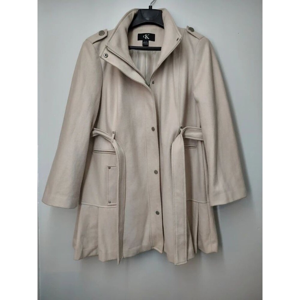 Calvin Klein Women's Pleated-Hem Wool Blend Belted Jacket-Flax/Beige- Size XXL